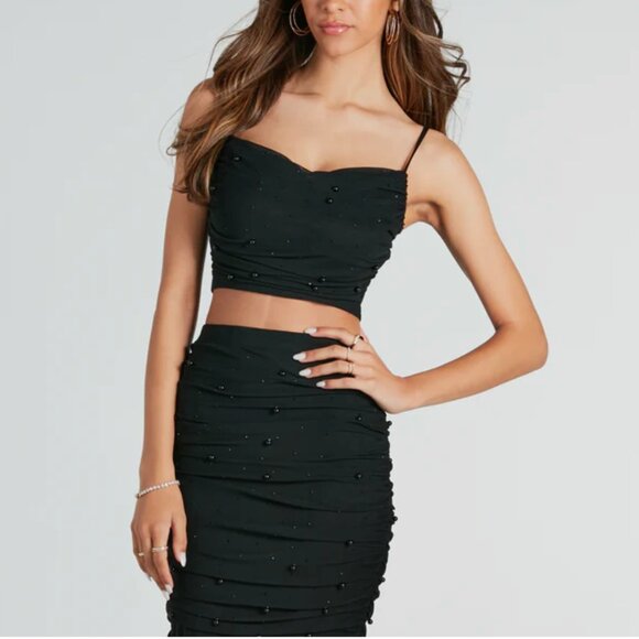 WINDSOR BLACK EMBELLISHED PEARL RUCHED MESH MIDI SKIRT CO-ORD SET - SMALL - Picture 3 of 12